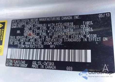 2013 Lexus Rx 350 z USA, uszkodzony, nr VIN 2T2BK1BA1DC211536